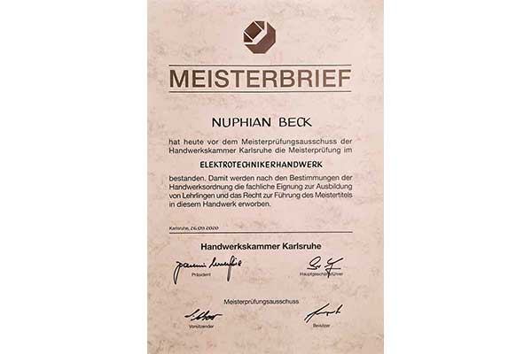 Meisterbrief Elektrotechnikermeister Nuphian Beck Qualifikation