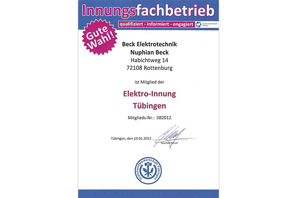 Zertifikat Elektro-Innung Tübingen Mitglied Nuphian Beck